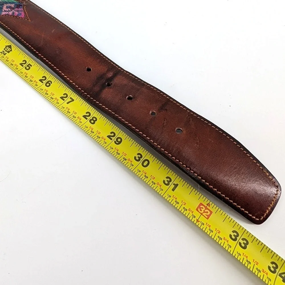 Vintage Leather Belt Lattigo Geometric Colorful Embroidered Inlay Brass 30